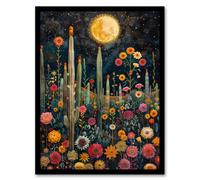 Wall Art Print Desert Mystic Cactus Wildflowers Starry Night Art Framed Poster Artery8 Black A4