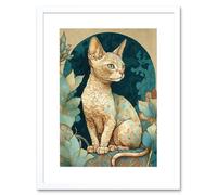 Wall Art Print Devon Rex Cat with Pattern Fur Art Nouveau Modern Artwork Framed 9X7 Inch Artery8 White W7 inch x H9 inch