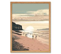 Wall Art Print Dog Walks on the Beach Sunset Coastal Landscape Art Framed Artery8 Light Oak W12 inch x H16 inch