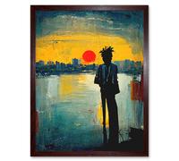 Wall Art Print Dramatic Sunset Silhouette City Skyline Lake Oil Painting Art Framed Artery8 Brown W12 inch x H16 inch