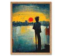 Wall Art Print Dramatic Sunset Silhouette City Skyline Lake Oil Painting Art Framed Artery8 Light Oak W12 inch x H16 inch