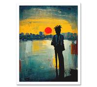 Wall Art Print Dramatic Sunset Silhouette City Skyline Lake Oil Painting Art Framed Artery8 White W12 inch x H16 inch