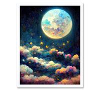 Wall Art Print Dreamy Night Sky Moon Stars Colourful Clouds Kids Cute Art Framed Artery8 White W12 inch x H16 inch