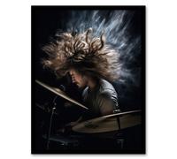 Wall Art Print Drummer Action Mid-Performance Photograph Hard Rock Drums Music Gig Musician Art Framed Artery8 Black A4