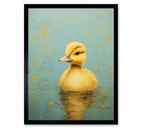 Wall Art Print Duckling on the Water Oil Painting Yellow and Duck Egg Blue Baby Art Framed Artery8 Black W12 inch x H16 inch