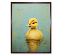Wall Art Print Duckling on the Water Oil Painting Yellow and Duck Egg Blue Baby Art Framed Artery8 Brown W12 inch x H16 inch