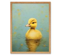 Wall Art Print Duckling on the Water Oil Painting Yellow and Duck Egg Blue Baby Art Framed Artery8 Light Oak W12 inch x H16 inch