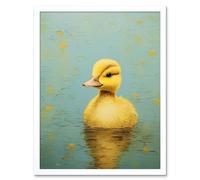 Wall Art Print Duckling on the Water Oil Painting Yellow and Duck Egg Blue Baby Art Framed Artery8 White W12 inch x H16 inch