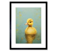 Wall Art Print Duckling on the Water Oil Painting Yellow and Duck Egg Blue Baby Artwork Framed 9X7 Inch Artery8 Black W7 inch x H9 inch