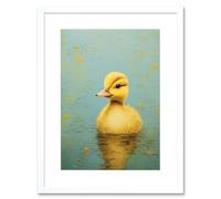 Wall Art Print Duckling on the Water Oil Painting Yellow and Duck Egg Blue Baby Artwork Framed 9X7 Inch Artery8 White W7 inch x H9 inch