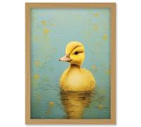 Wall Art Print Duckling on the Water Oil Painting Yellow and Duck Egg Blue Baby Artwork Framed A4 Artery8 Light Oak A4