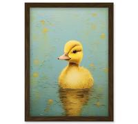 Wall Art Print Duckling on the Water Oil Painting Yellow and Duck Egg Blue Baby Artwork Framed A4 Artery8 Brown A4