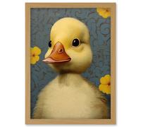Wall Art Print Duckling with Flowers Oil Painting Kids Bedroom Baby Nursery Duck Artwork Framed A4 Artery8 Light Oak A4