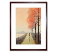 Wall Art Print Early Morning Jogging Pastel Colour Oil Painting Jogger on Lakeside Pink Tree Trail Countryside Landscape Artwork Framed 9X7 Inch Artery8 Brown W7 inch x H9 inch
