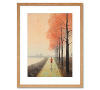 Wall Art Print Early Morning Jogging Pastel Colour Oil Painting Jogger on Lakeside Pink Tree Trail Countryside Landscape Artwork Framed 9X7 Inch Artery8 Beige W7 inch x H9 inch