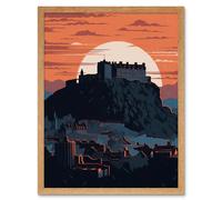Wall Art Print Edinburgh Castle and Old Town Atmospheric Sunset Art Framed Artery8 Light Oak W12 inch x H16 inch