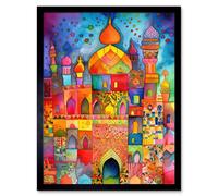 Wall Art Print Eid Dates Mosque Temple Folk Art Watercolour Painting Art Framed Artery8 Black W12 inch x H16 inch