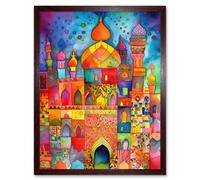 Wall Art Print Eid Dates Mosque Temple Folk Art Watercolour Painting Art Framed Artery8 Brown W12 inch x H16 inch