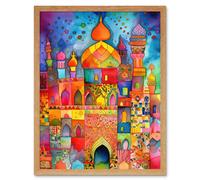 Wall Art Print Eid Dates Mosque Temple Folk Art Watercolour Painting Art Framed Artery8 Light Oak W12 inch x H16 inch