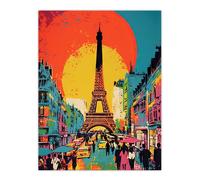 Wall Art Print Eiffel Tower Sunset Vibrant Painting Busy Paris Street Pedestrians Walking To Monument Poster Artery8 Multi W24 inch x H32 inch