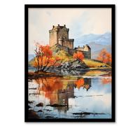 Wall Art Print Eilean Donan Castle Scotland Watercolour Painting Misty Morning Autumn Sunlight Art Framed Artery8 Black W12 inch x H16 inch