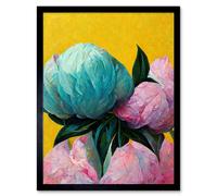 Wall Art Print Elegant Peony Floral Bouquet Yellow Teal Pink Flowers Painting Art Framed Artery8 Black W12 inch x H16 inch