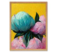 Wall Art Print Elegant Peony Floral Bouquet Yellow Teal Pink Flowers Painting Art Framed Artery8 Light Oak W12 inch x H16 inch