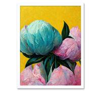 Wall Art Print Elegant Peony Floral Bouquet Yellow Teal Pink Flowers Painting Art Framed Artery8 White W12 inch x H16 inch