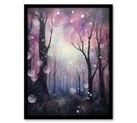 Wall Art Print Enchanted Forest Bubbles Oil Painting Pink Blue Winter Tree Silhouettes Misty Fantasy Landscape Colourful Magical Nature Mystical Moder Artery8 Purple W12 inch x H16 inch