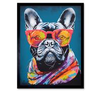 Wall Art Print English Bulldog with Neon Bandana and Sunglasses Art Framed Artery8 Black W12 inch x H16 inch