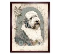 Wall Art Print English Sheepdog with Flower Blooms Boho Portrait Watercolour Art Framed Artery8 Brown W12 inch x H16 inch
