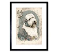 Wall Art Print English Sheepdog with Flower Blooms Boho Portrait Watercolour Artwork Framed 9X7 Inch Artery8 Black W7 inch x H9 inch