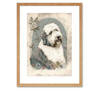 Wall Art Print English Sheepdog with Flower Blooms Boho Portrait Watercolour Artwork Framed 9X7 Inch Artery8 Beige W7 inch x H9 inch