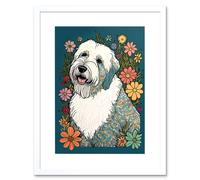Wall Art Print English Sheepdog with Multicolour Daisies Bright Flowers Modern Artwork Framed 9X7 Inch Artery8 White W7 inch x H9 inch