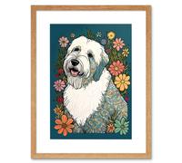 Wall Art Print English Sheepdog with Multicolour Daisies Bright Flowers Modern Artwork Framed 9X7 Inch Artery8 Beige W7 inch x H9 inch