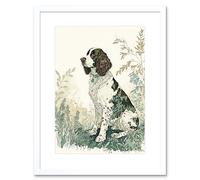 Wall Art Print English Springer Spaniel Dog in Field Modern Pastel Watercolour Artwork Framed 9X7 Inch Artery8 White W7 inch x H9 inch