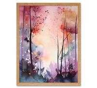 Wall Art Print Ethereal Misty Autumn Forest Landscape at Dawn Modern Watercolour Painting Art Framed Artery8 Light Oak W12 inch x H16 inch