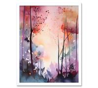 Wall Art Print Ethereal Misty Autumn Forest Landscape at Dawn Modern Watercolour Painting Art Framed Artery8 White W12 inch x H16 inch