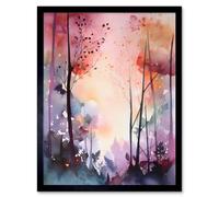 Wall Art Print Ethereal Misty Autumn Forest Landscape at Dawn Modern Watercolour Painting Art Framed Artery8 Black W12 inch x H16 inch