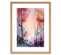 Wall Art Print Ethereal Misty Autumn Forest Landscape at Dawn Modern Watercolour Painting Artwork Framed 9X7 Inch Artery8 Beige W7 inch x H9 inch