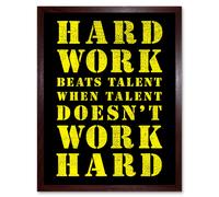 Wall Art Print Exercise Motivation Hard Work Beats Talent Inspirational Gym Art Framed Artery8 Brown W12 inch x H16 inch