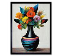 Wall Art Print Exotic Vibrant Flower Bouquet In Black Decorated Vase Art Framed Artery8 Black W12 inch x H16 inch