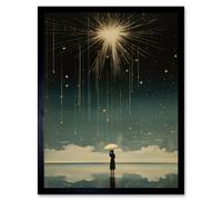 Wall Art Print Falling Star Rain Dreamy Artwork Bright Star Wish Woman with Umbrella Fairytale Dreamscape Art Framed Artery8 Black W12 inch x H16 inch
