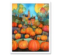 Wall Art Print Farm House Halloween Pumpkin Patch Modern Folk Art Watercolour Painting Art Framed Artery8 White W12 inch x H16 inch