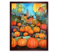 Wall Art Print Farm House Halloween Pumpkin Patch Modern Folk Art Watercolour Painting Art Framed Artery8 Brown W12 inch x H16 inch