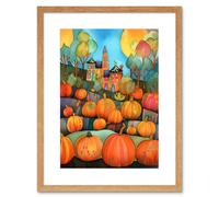 Wall Art Print Farm House Halloween Pumpkin Patch Modern Folk Art Watercolour Painting Artwork Framed 9X7 Inch Artery8 Beige W7 inch x H9 inch