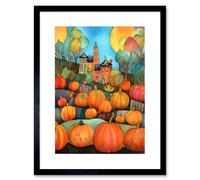 Wall Art Print Farm House Halloween Pumpkin Patch Modern Folk Art Watercolour Painting Artwork Framed 9X7 Inch Artery8 Black W7 inch x H9 inch