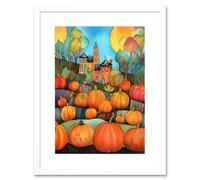 Wall Art Print Farm House Halloween Pumpkin Patch Modern Folk Art Watercolour Painting Artwork Framed 9X7 Inch Artery8 White W7 inch x H9 inch