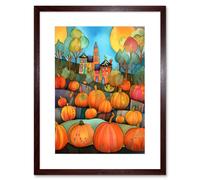 Wall Art Print Farm House Halloween Pumpkin Patch Modern Folk Art Watercolour Painting Artwork Framed 9X7 Inch Artery8 Brown W7 inch x H9 inch