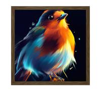 Wall Art Print Fat Robin Bird Vibrant Acrylic Orange Blue on Black Painting Square Framed Picture 16X16 Inch Artery8 Brown W16 inch x H16 inch